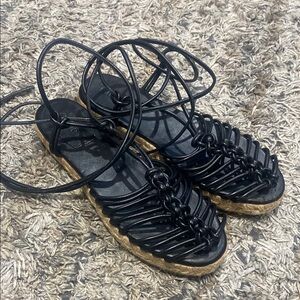Chloe Black Leather Sandals Ankle Lace Up Flat Espradilles Euro 38 US 8